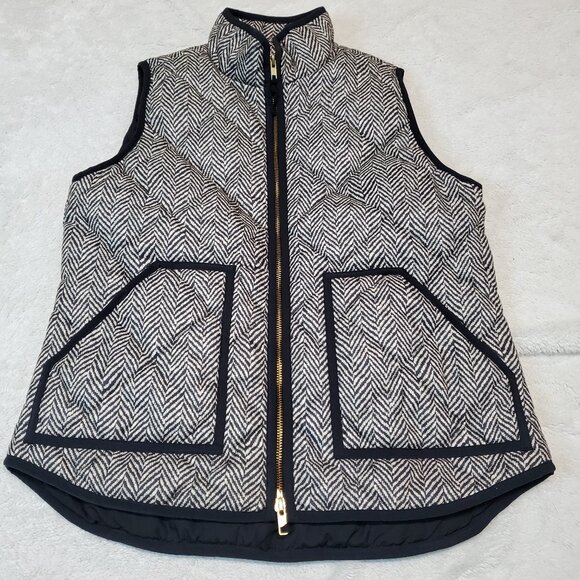 J. Crew Ivory Black Herringbone Print Quilted Puffer Gorp Outdoor Zipper Vest‎ S - Picture 1 of 10